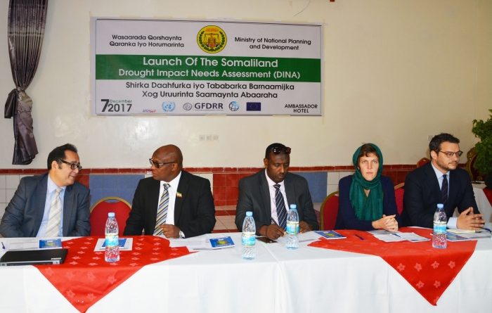 Somaliland Ministers and representatives from the European Union and the World Bank attend DINA meeting in Hargeisa. From left to right: Mr. Sultan Hajiyev, UNDP; H.E. Mohamed Ibrahim, Minister of National Planning and Development for Somaliland; H.E. Hussein Abdi Boss, Minister of Water and Natural Resources for Somaliland; Ms. Pauline Gibourdel, European Union; and Mr. Matthias Mayr, World Bank